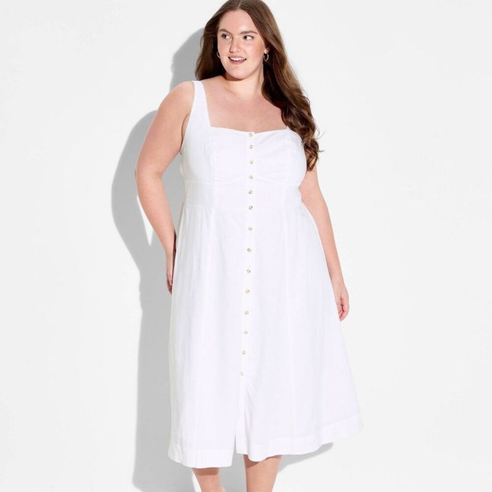 Open Box - Wild Fable - Women's Button-Front Midi A-Line Dress - Wild Fabl White